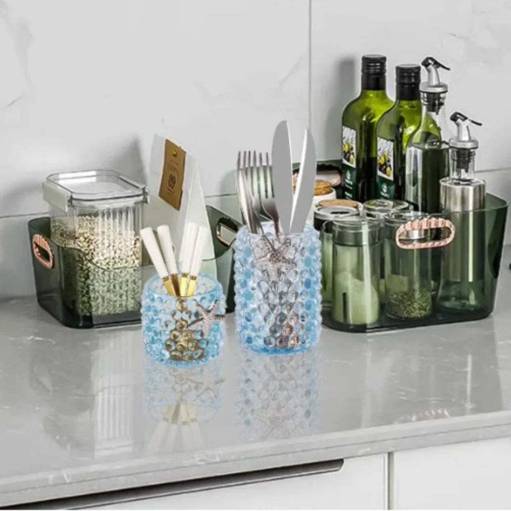 2 pc / 2 sizes - Glass Make-up Brush Organizer / Vases  (Blue w/ Starfish)